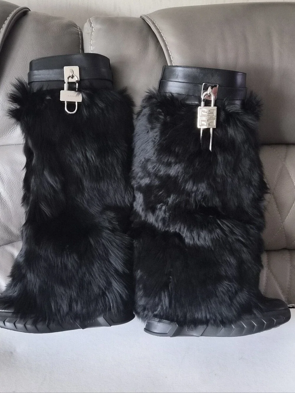 Givenchy Black Fur Platform Boots with Silver Hardware